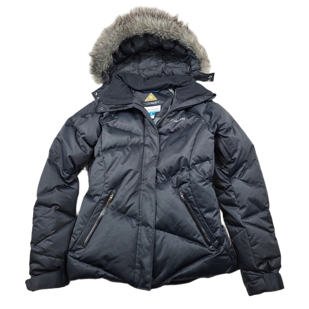 Columbia Down Puffer Jacket Womens Small Black Hood Omni-Heat‎ Ski Skirt Parka